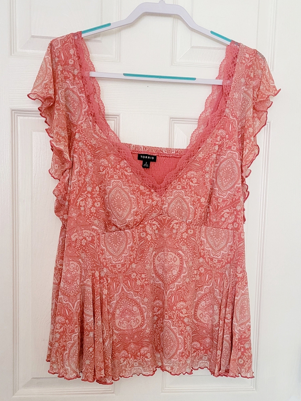 torrid Coral Paisley Ruffle V-Neck Peplum Top